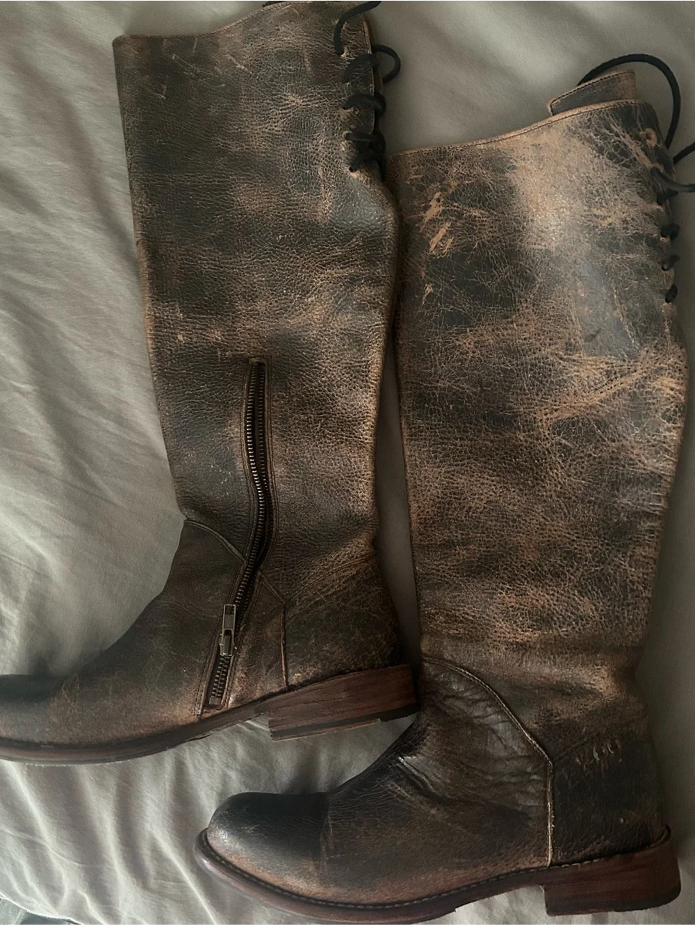 Distressed Tall Leather Bed Stu Manchester Riding Boots - Brown